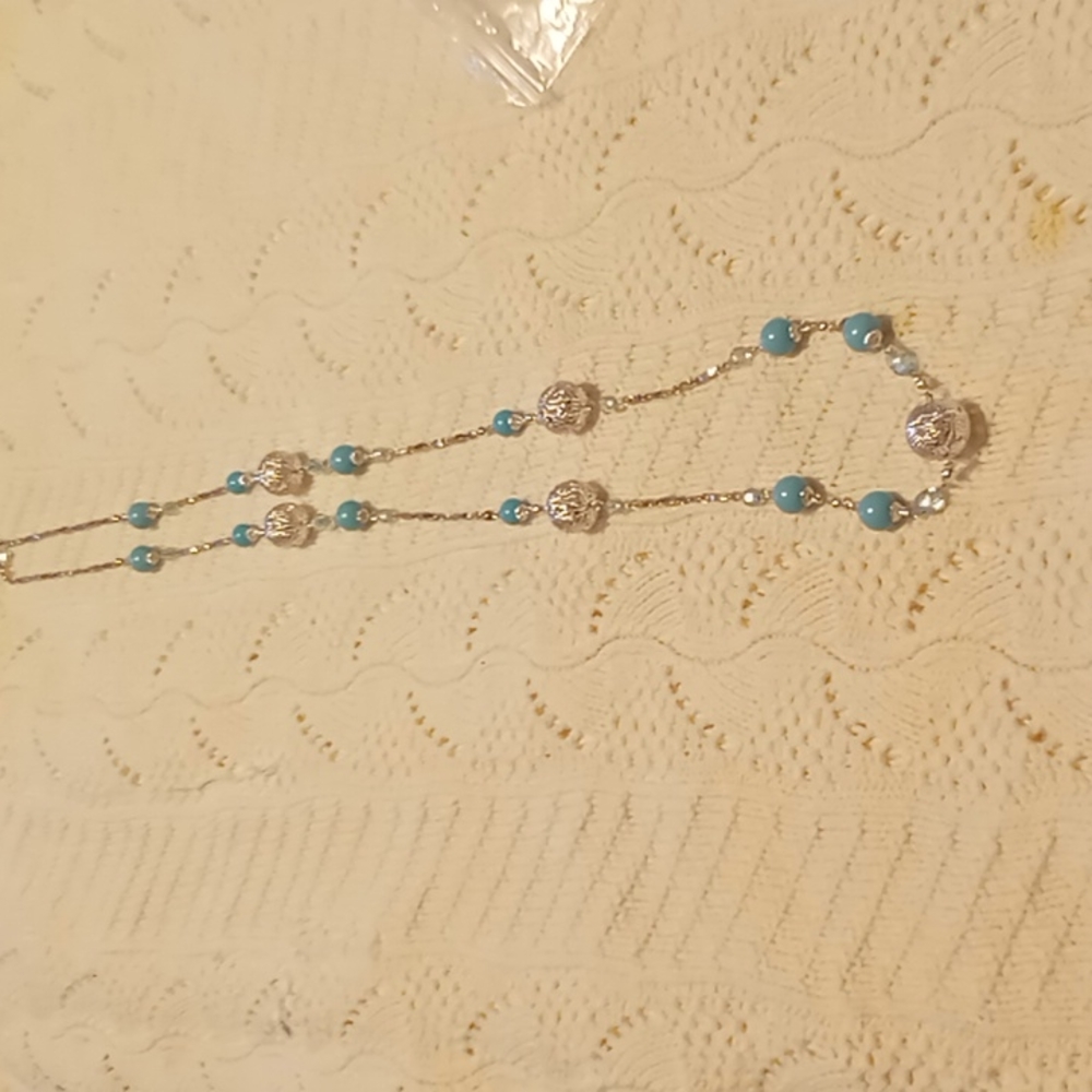 Silver metal and turquoise bead necklace